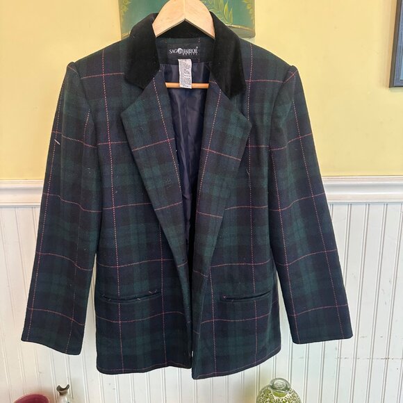 Sag Harbor Petite Green Plaid Blazer Jacket Size 10 Wool Blend Velvet Collar - Picture 1 of 7